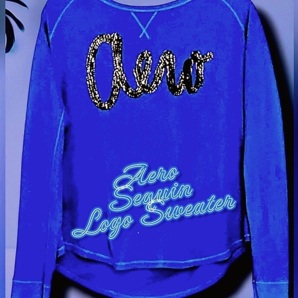 Aeropostale Henley Sweater w/ Aero Logo in Black Sequins in Royal Blue Size XL - Picture 8 of 8